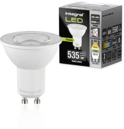 Integral Bombilla LED 5 PACK GU10 Cálido 2700K, 590LM, 4,9W (equivalente a 75W) No Regulable - Eficiencia energética e ideal para focos y luces empotradas en baños, cocinas, salones, comedores