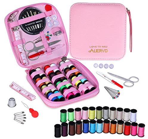 AUERVO Nähset, Mini-Nähset mit Ledertasche und Nadeln, für Erwachsene, DIY, Zuhause, Reise und Notfall mit Reißverschluss, kompakt, wasserdicht, langlebig, Rosa