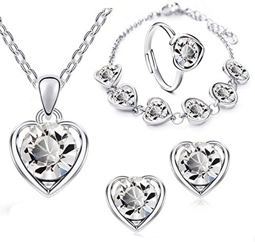 Prosy Herz-geformte Kristall Halskette Gold Silber Ohrringe Armband Ring Set Mode Liebe Herz Anhänger Choker Halsketten Schmuck für Frauen und Mädchen (Sliber)