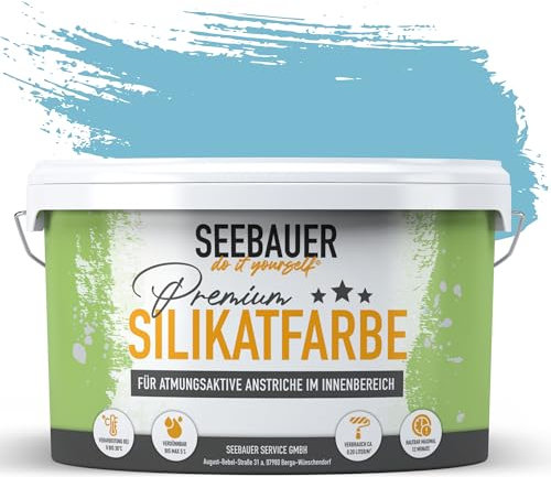 SEEBAUER diy Silikatfarbe Blau 10L für Innen (No. 819 Arctic Blue) Atmungsaktive Mineralfarbe für Allergiker - Abwaschbare Wandfarbe - Blautöne hohe Deckkraft