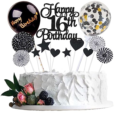 Jxuzh Happy 16. Geburtstag Tortendeko Schwarz Kuchen Deko Herz Stern Für 16. Geburtstag Cake Topper