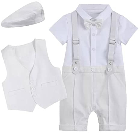 Baby Boy Gentlemen Romper Suits Infant Baby Boys' Christening Gowns Clothing Baptism Jumpsuit Bow Tie Waistcoat with Hat Birthday Wedding Outfits White 0-3 Months