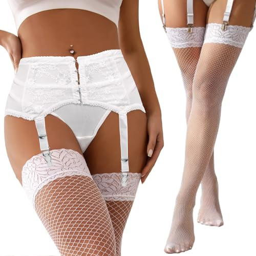 ohyeahlady Reggicalze e Calze Completo Taglie Forti Reggicalze donna Curvy con 6 clip Calze hard collant super resistenti Cinghie Elastiche Guepiere Lingeria intimo con Perizoma(Bianco,M-L)