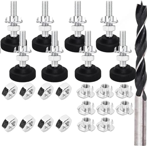 Wisebom Verstellbare Füße für Möbel 8 Stück Möbel-Nivellierer M8 x 50 mm Verstellschraube mit Einschlagmuttern,Kontermuttern und Metallbohrern für Möbel Sofa Tisch Stuhlbeine