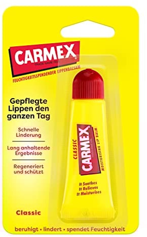 Carmex Classic Tube - Lippenpflege für trockene Lippen, Lippenbalsam feuchtigkeitsspendend und beruhigend für rissige Lippen, mit Vaseline, Vitamin E und Bienenwachs - (12 x 10 g)