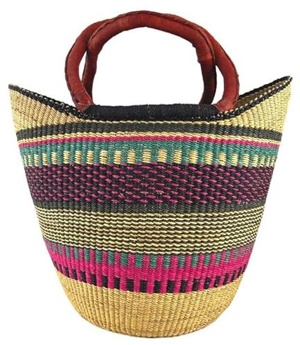 Bolga Tasche XXL - Das Original aus Ghana - Bunt - Fair Trade - Oval - Viele Farben - Afrikanische Korbtasche mit Ledergriff - Flechttasche 40-45 cm - Einkaustasche mit Wunschdesign (Kintampo)