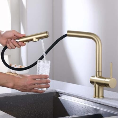 Kitchen Taps 3 Way Pull Out Brushed Gold Kitchen Tap Telescopic Brass Shower Mode Kitchen Mixer Tap 3 Way-Brushed Gold
