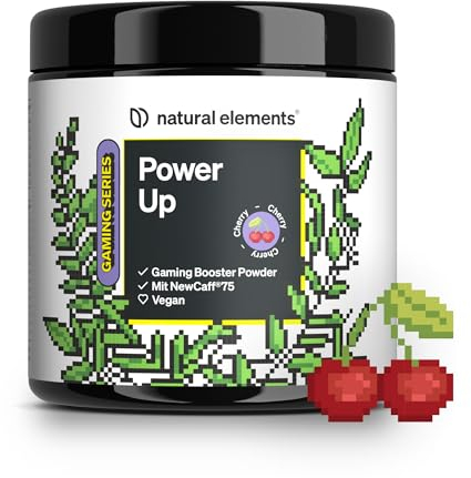 Power Up Cherry – Gaming Booster, Energy Drink Pulver mit Koffein, NewCaff75, B-Vitaminen, Vitamin C, L-Tyrosin, Ginkgo- und Grüntee-Extrakt – 40 Drinks – vegan, hochdosiert, mit Stevia