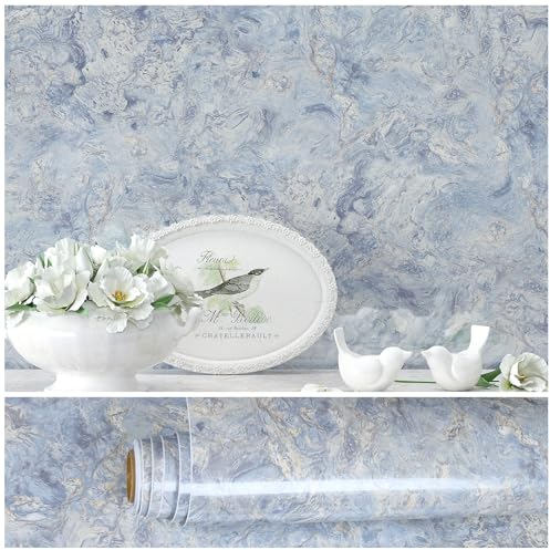 VEELIKE Marmor Tapete Blau Beige Vintage Klebefolie Marmoroptik Cremeblau Mamorfolie Selbstklebend Folie Küchenrückwand Küchentapete Abwaschbar Wandtapete Badezimmer Arbeitsplatte Tisch 40cm×300cm