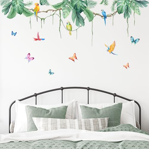 Tanlaby Tropische Blätter Wandtattoo Grüne Pflanzen Wandsticker Pflanzen Vögel Wandsticker Abnehmbar Selbstklebend Wandaufkleber für Wohnzimmer Schlafzimmer TV Hintergrund Dekoration