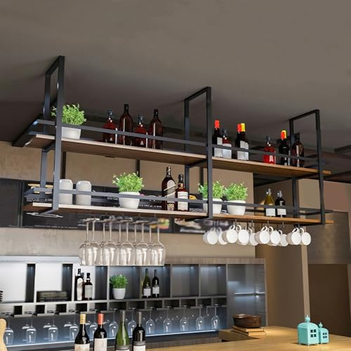Portabottiglie da Soffitto - Mensola da Soffitto Porta Bicchiere da vino Sospeso, Portabottiglie da Appendere Industriale 2 strati per Cucina Bar Caffetteria portabicchieri da vino (180×30×80cm, Nero)