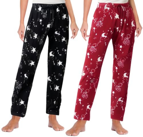 MoFiz Pantaloni Lunghi da Pigiama Donna Morbidi Pantaloni Larghi da Notte con Tasche per Yoga Jogging 2 Pack- Stelle, L