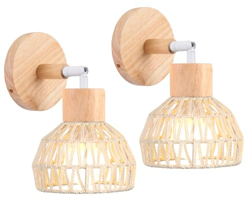 iDEGU Lot de 2 Appliques Murales Interieures Rétro Lampe Murale en Rotin et Bois Ajustable Luminaire Plafonnier Applique Vintage Décoration pour Salon Chambre Couloir Restaurant (Style-D Rotin Blanc)