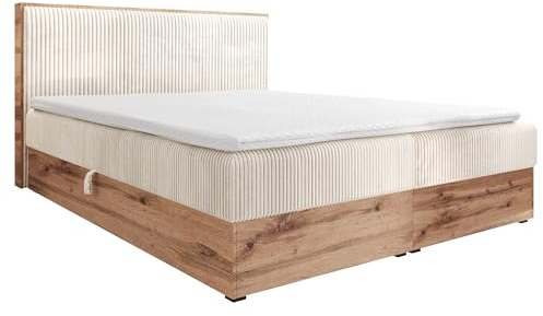 FURNISTAR Boxspringbett TILIA Doppelbett mit Bonellmatratze Bett mit Topper und Bettkasten Cord Stoff Polsterbett mit Kopfteil Modern Schlaffzimmer Wotan Plattet (180x200 Beige)