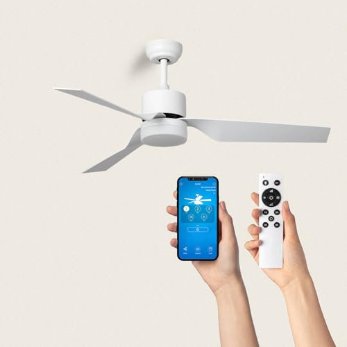 TECHBREY - Ventilador de Techo Silencioso con Motor DC | 6 Velocidades y Mando a Distancia | Función Verano/Invierno | Luz LED Integrada, Blanco, 132cm, Acrilonitrilo Butadieno Estireno