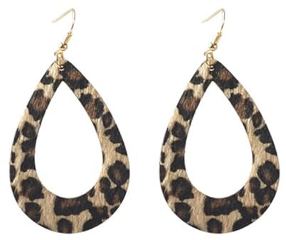 fdsmall Leopard Print Ohrringe für Frauen - Boho Vintage Handgemachte Holz Träne Haken Leder Dangle Drop Ohrringe (02)