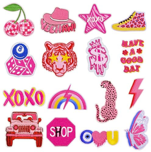 Attuslla 16 Stück Patches zum Aufbügeln, Rosa Flicken Patches Applikationen zum Aufnähen Bügelaufkleber für Reparatur, Kleidung, Jacken, Taschen