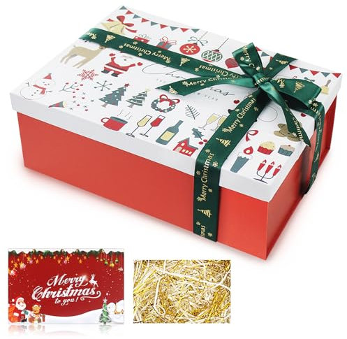 Weihnachten Geschenkbox Set, Geschenkboxen mit Deckel, Geschenkschachtel mit Deckel, Weihnachtsbaumboxen,Grünen und Roten Weihnachtsmotiven für Weihnachten Geschenk Verpackung (Weiß, 29*22*10.5cm)
