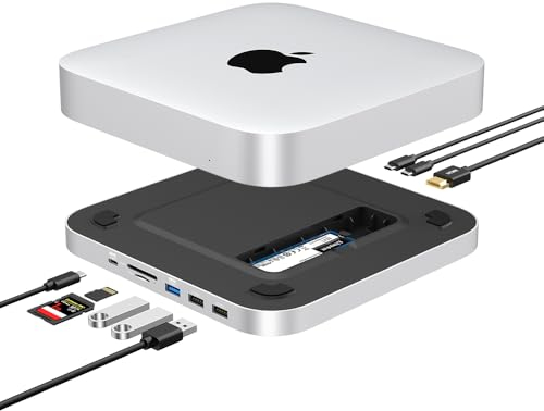 GEWOKLIY Mac Mini Hub et support avec boîtier SSD pour NVME/SATA M.2, Dock avec HDMI 4K, port USB C de 10 Gbps USB A/C, lecteur de cartes TF/SD pour Mac Mini M1/M2 et Studio | Accessoires