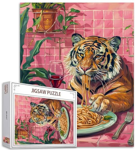 Tiger Dining Pictures Jigsaw Puzzles für Erwachsene,1000 Teile,Tier Essen Leckere Nudeln Trinken Rotwein Puzzle,Geburtstagsgeschenke,Multicolor DIY Puzzles für Dekor,Perfekte Spiele Abende