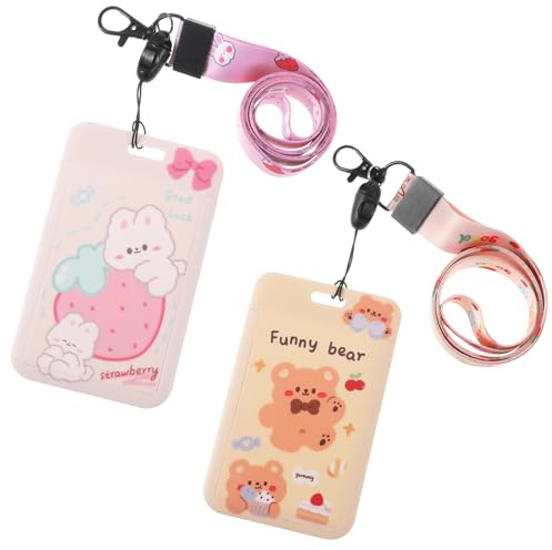 Mabor Lot de 2 porte-cartes photo Kpop coulissants en forme de lapin avec porte-clés long cordon Kawaii pour l'école, les étudiants, les cartes de bus, cartes de crédit