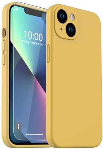 CASELIVE for iPhone 13 Case, Liquid Silicone Case with [Tempered Glass Screen Protector] Full Body Shockproof Soft Anti-Scratch Microfiber Lining Phone Case for iPhone 13 6.1 inch(Yellow)