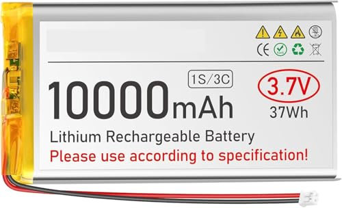 3.7V 10000mAh LiPo Battery Rechargeable 1S 3C Lithium Polymer Battery with Protection Board Insulated Rubber Tape, JST2.0 Plug for Ar duino ESP32 Board RPI Battery Pack UPS (1 Pack)
