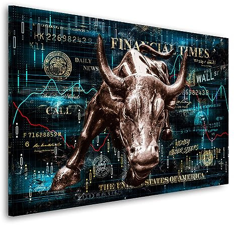 Kunstgestalten24 Leinwandbild Wallstreet Bulle Stier Finanzen Wandbild Wanddeko XXL Wandekoration Deko Bilder Modern Art Bild Kunstwerk Canvas Hochwertiger Kunstdruck
