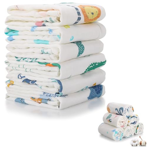Kaisibum 6 Stück Musselintücher Baby Spucktücher Mulltücher Reine Baumwolle Spucktücher Baby saugfähig und atmungsaktiv für Jungen Mädchen zum Reinigen und Abwischen von Neugeborenen 50x25cm