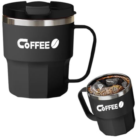 LOMUG Tazza termica da 400 ml, tazza da caffè con coperchio a prova di perdite, in acciaio inox, da campeggio, con manico, per tè, caffè, acqua fredda calda, nero (nero)