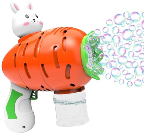 Seifenblasenmaschine Kinder, Vollautomatische Seifenblasenpistole, Karottenhase Seifenblasen Pistole Osterspielzeug mit 2 Flaschen Seifenblasenflüssigkeit, Bubble Gun für Outdoor, Geburtstage, Partys