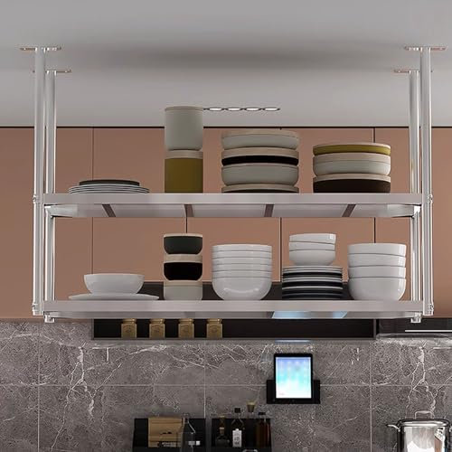 Küchenregal für Töpfe und Pfannen – an der Decke hängendes Edelstahlregal für Restaurants, Kochgeschirr, Wohnzimmer, Bars, Weinhalter, schwebende Regale, Pflanzen- und Blumenständer(60x35x80cm)