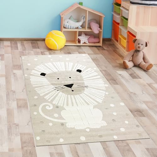 CARPETIA Teppich Kinderzimmerteppich Läufer hell niedlicher Löwe beige Creme, 80 x 150 cm