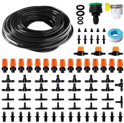 VooGenzek 81 Stücke 4/6 mm Bewässerung Kit, 15m Bewässerungsschlauch, DIY Garten Bewässerungssystem, mit Durchgangsverbinder, T-Verbindungsstück, Schlauchendstopfen, für Terrasse