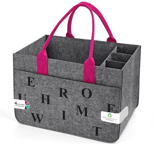 Eurhomewit Filz Einkaufskörbe Filztasche Einkaufstasche mit Fächern, Filztasche Groß 30L Faltbar Robust Flaschentasche Kaminholztasche Kleiderkorb Spielzeugtasche (Mittelgrau + Magenta/1 Stück)