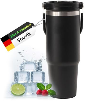 Souvik Tasse Isotherme 30oz en Acier Inoxydable 304 avec Paille et Poignée Grand Tasse Thermos Café Isotherme pour Auto Sport et Outdoor Thermos Mug Lavable en Machine
