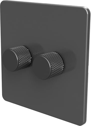 Flat Trailing Edge 2 Way LED Dimmer Switch Rotary Push On/Off for Dimmable LED and Halogen Lights - Grey/Grey 2-Gang