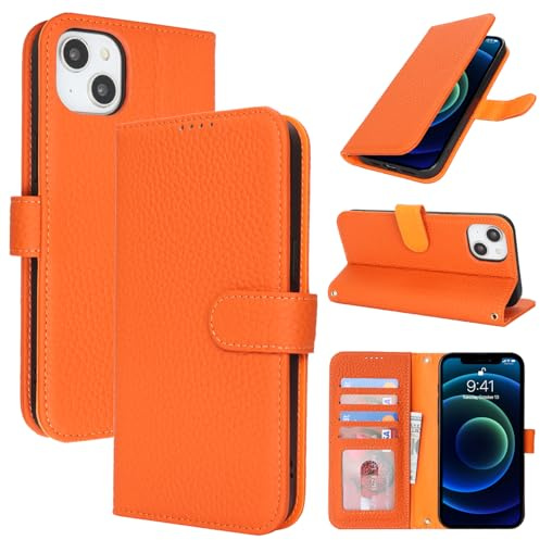 Zouzt Leather Wallet Case for iPhone 13 Mini (5.4), 4 Card Slot, Orange | Genuine Leather, Card Holder, Shockproof TPU Shell, Magnetic Closure, Protective Flip Folio Phone Cover, For Women Men