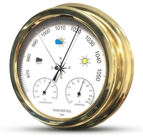 FISHTEC - Barometro meccanico 3 in 1 con termometro e igrometro - Telaio in metallo dorato Ø22,5 cm - Lettura pressione 961-1059 hPa - Elegante design vintage per soggiorno, ufficio o veranda