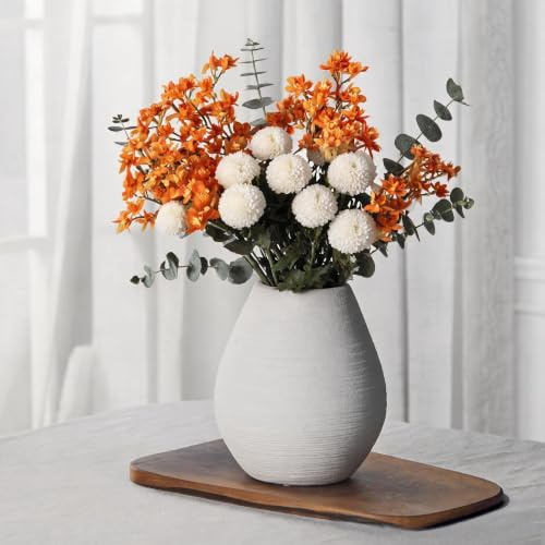 Ceramic Rustic Farmhouse Flower Vase 8.46 Vintage Pottery Boho Terracotta Round Vases for Home Decor, Living Room, Table, Shelf, Enterway, Wedding, Pampas Grass Mantel Decorative (White)