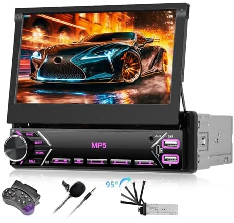 Zomolither Autoradio 1 Din con Schermo Manuale Retrattile 7 Pollici Touch Bluetooth Mirror Link Cablato per iOS/Android - Controllo Volante, FM Radio e USB Type-C per Veicoli Standard