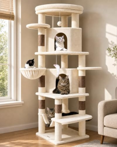 Globlazer Cat Tree Beige Corner for Indoor Cats 167 cm with 2 Caves, Large Cushion Platform, Hammock, Basket, Sisal Scratching Posts, Sturdy Cat Tower for 3-4 Cats Rest Play Scratch (C66, Beige)