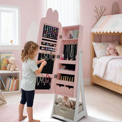 LEADZM Kinder Schmuckschrank mit Spiegel，Schmuckschrank Hängend， 3-in-1 Spiegelschrank mit Ganzkörperspiegel & Aufbewahrungskorb，Für Kinderzimmer Geeignet，für Kinder ab 3 Jahren，Hasenstil（Rosa）