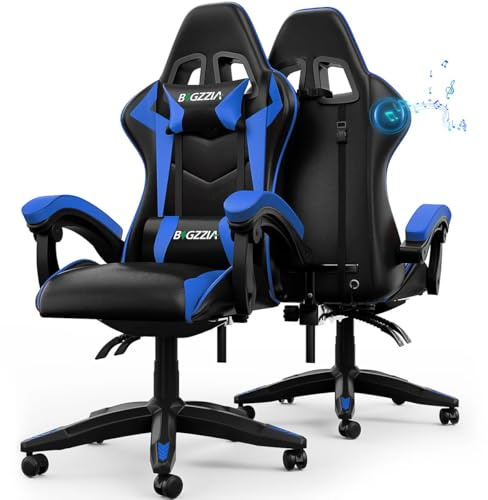 Bigzzia Ergonomic Gaming Chair With Speakers Lumbar and Headrest Cushions | Built-in Bluetooth Speakers, 360° swivel, High-density Padding, up to 110kg for Adults (Blue)