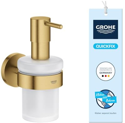 GROHE Start, klebbarer Seifenspender für das Bad, ohne Bohren (Füllmenge: 160ml, mit Halter, verdeckte Befestigung, inkl. Schrauben und Dübel, Kleber separat kaufen) cool Sunrise, Gold, 41195GN0