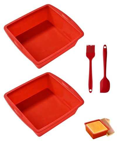 Silicone Cake Moulds 2 Pack, Square Cake Tins with Spatula & Brush, 19.5x17.5x5.5cm