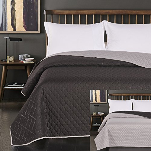 DecoKing Tagesdecke Bettüberwurf 200x220 cm Schwarz Grau Steppdecke Überwurf Zweiseitig Gesteppt Prägemuster Rauten Anthrazit Stahl Paul 200 x 220 cm