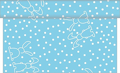 Sovie HOME Tischläufer Rabbits in Türkis aus Linclass Airlaid, 40x4,80m, 1 Stück, alle 30cm perforiert, Osterdesign mit weißen Punkten & Hasen, Ideal für die Osterzeit