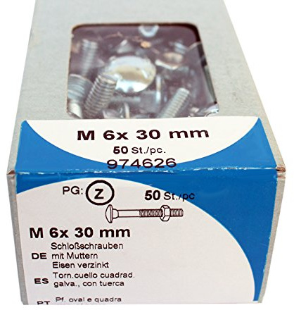 HSI 974626 – Schraube Kragen quadratisch + Mutter M6 x 30 mm – 50 Teilen