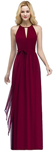 Babyonlinedress Robe de Soirée Femme Demoiselle d'honneur Longue Col Rond Dos Ouvert avec Ceinture en Mousseline Bordeaux 36